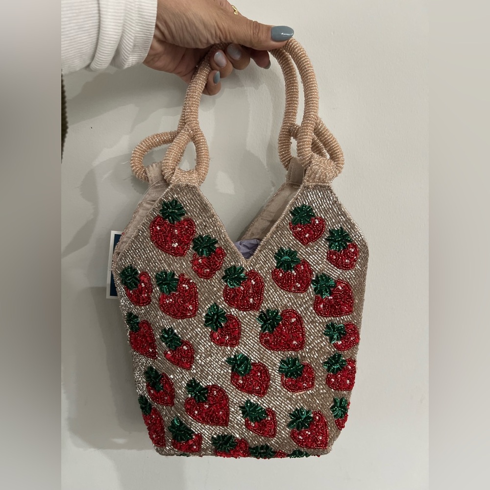 Beaded Strawberry Print Tote Bag - Pink